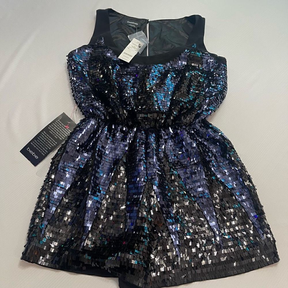 NWT BEBE Black Blue Sequin Embellished Romper Size 2 NEW